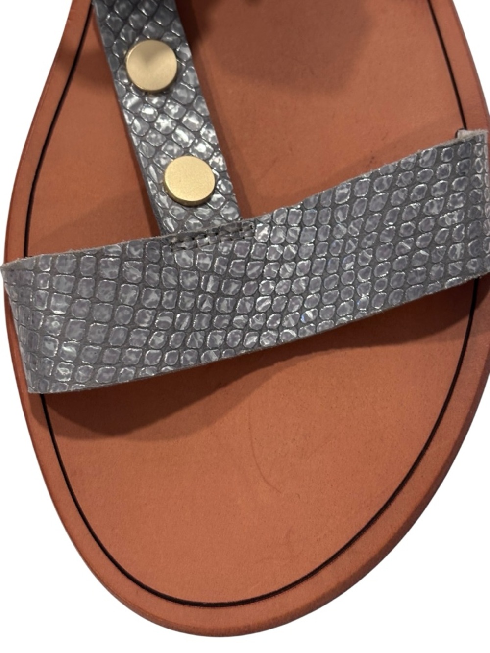 Hammitt Silver Textured Leather Gold-Tone Studded Flat Sandals - Picture 4 of 9